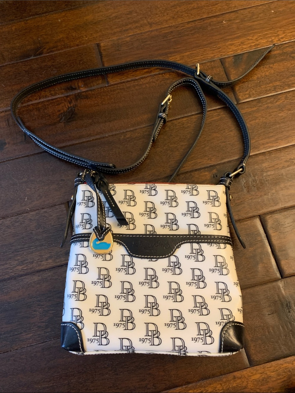 Dooney & Bourke White and Black DB Monogram Crossbody with Charm - Picture 1 of 9